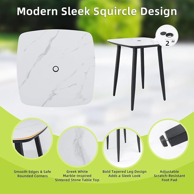 Modern 5-Piece Outdoor Patio Bar Table Set for 4, Small Square Sintered Stone Table with 4 Sunbrella Cushion Bar Chairs, Aluminum Frame and Umbrella Hole, Weather/Heat-Resistant