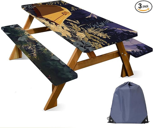 ANNA QUEEN Camping Adventure 6FT Picnic Table Cover with Bench Covers Set of 3 with Drawstring Bag, Forest Tent Scene 72"x30" Waterproof Picnic Tablecloth & Bench Covers for Outdoor Dining