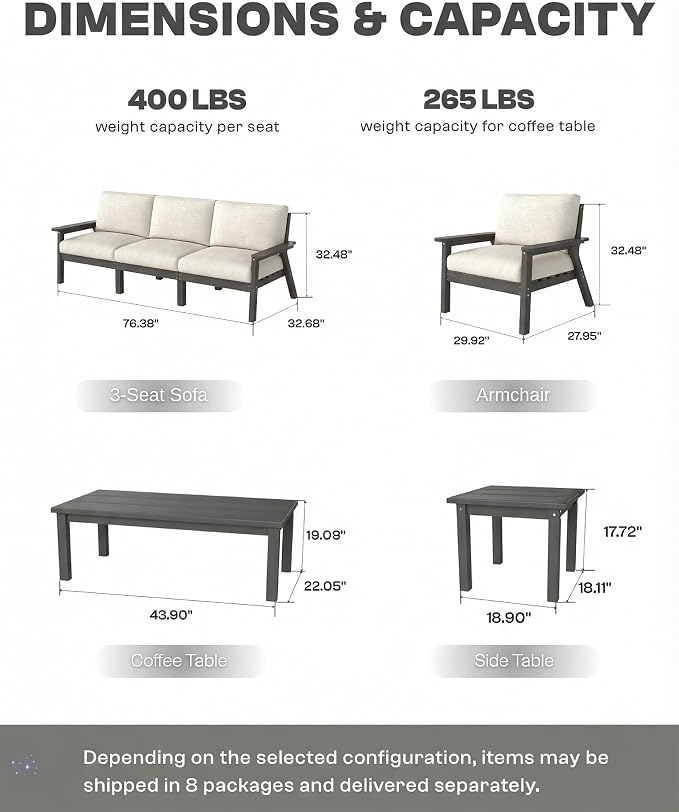 7 Piece HDPE Outdoor Furniture Set with Beige Cushions (Gray Frame) | All-Weather HDPE, Modular Design, Extra-Deep Seating, Thick Cushions, Ideal for Backyard, Deck & Porch