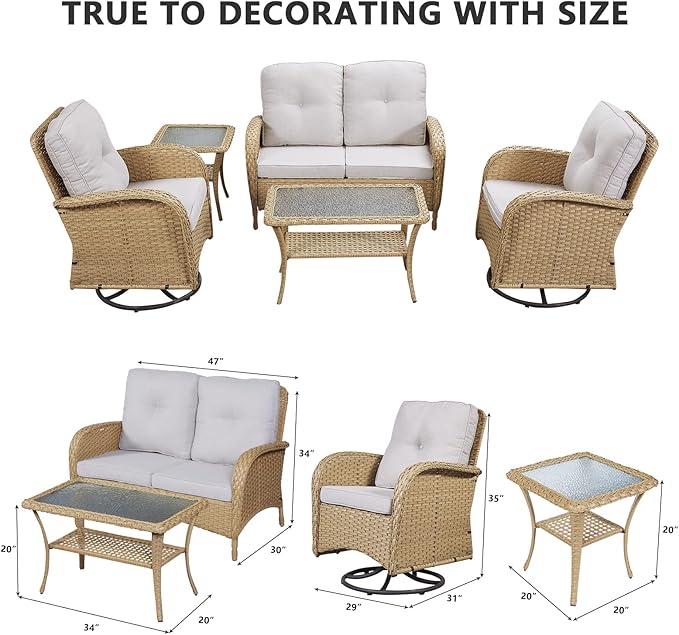 HUMMUH 5-Piece Patio Furniture Wicker Outdoor Conversation Set,All-Weather Rattan Swivel Chairs Bistro Set with Loveseat Coffee Table for Backyard,Poolside,Deck (Yellow/Beige)