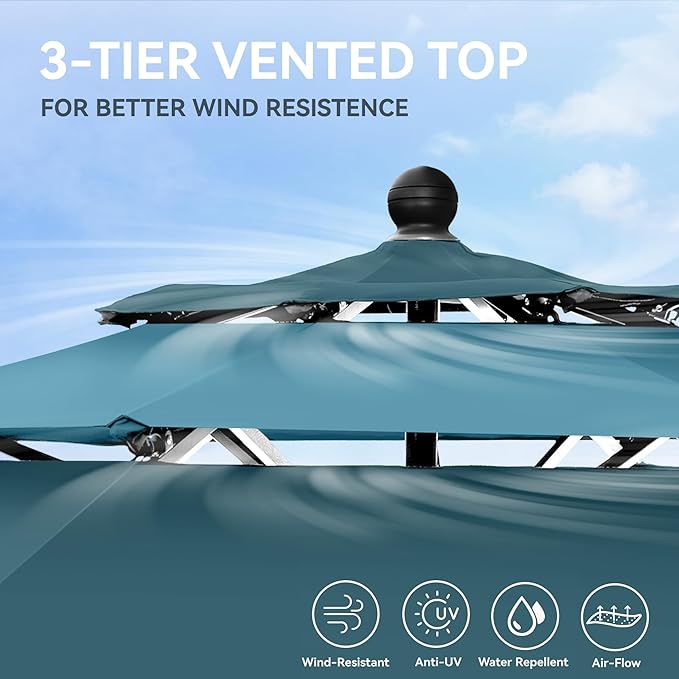 GREEN PARTY 10ft Outdoor Patio Umbrella, [Auto-Tilting] 3 Tiers Market Table Umbrellas with 1.5" Pole, 8 Sturdy Ribs, 3-Year-Non-Fading for Garden Deck Pool Backyard, Blue & Cerulean