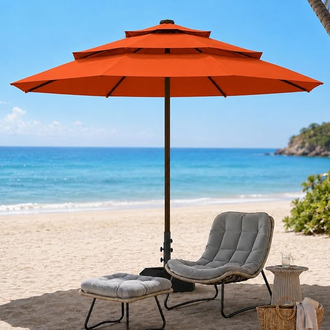 10ft Patio Umbrella, 3-Tier Vented Outdoor Table Umbrella with 8 Sturdy Fiberglass Ribs, Windproof Market Umbrella with Push Button Tilt and Crank, UV Protection for Deck, Pool, Terracotta