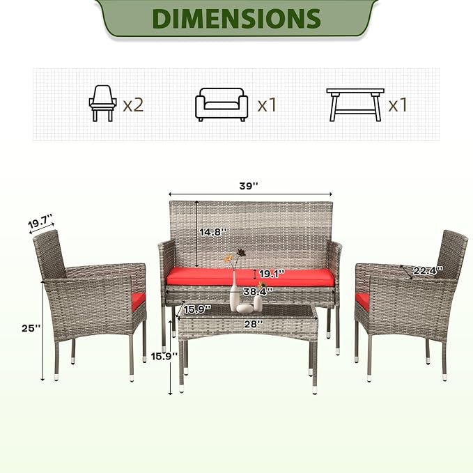 PayLessHere Outdoor Furniture Set 4 Pcs Modular Patio Furniture Set Water Resistant Conversation Set with 3 Rattan Chairs 1 Tempered Glass Topped Table for Patio Poolside, Gray Wicker/Red Cushions