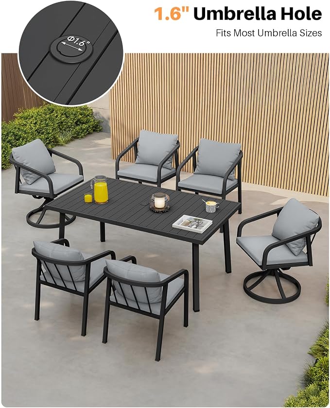 Never-Rust Aluminum Patio Dining Table, 63" x 35" Rectangular Outdoor Dining Table for 6, Outdoor Patio Table with Umbrella Hole for Poolside, Commercial, Porch, Deck, Black
