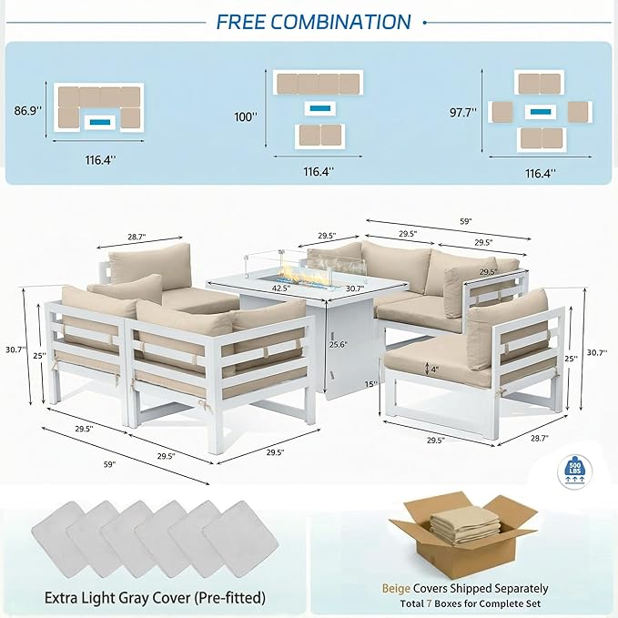 NICESOUL 7 Piece Extra Large Modern Aluminum Outdoor Sofa with Fire Pit Table, 29" Deep Wide Seating, 500 lbs Durable Sectional Set, All-Weather L Shaped Patio Furniture Set for Exterior Garden, Beige