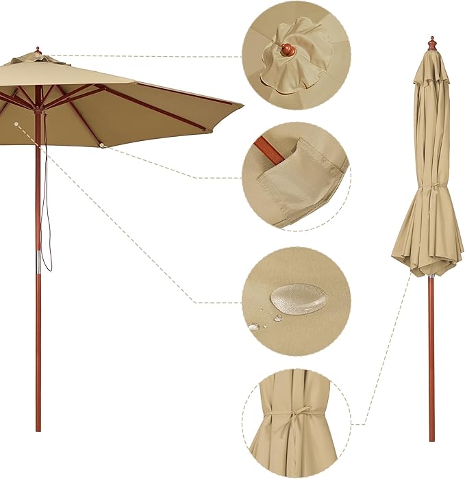 Yescom 9ft Coastal Solid Wood Umbrella Pulley Lift Commercial Base with Wheel Included for Seaside Restaurant Terrace Poolside Beach Club