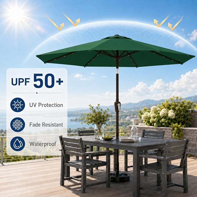 10FT Solar Patio Umbrella with Lights, Outdoor Table Market Umbrella with 32 LED Lights, 8 Sturdy Ribs, Push Button Tilt and Crank for Pool, Deck and Garden, UV-Resistant