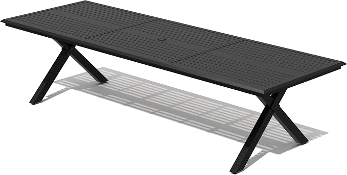 Crestlive Products 118" Outdoor Aluminum Dining Table for 12 People, Black Extra Long Patio Table with X Frame Legs and Adjustable Umbrella Hole, Heavy Duty Backyard Deck Garden Dining Tables