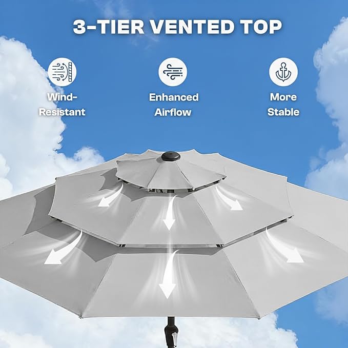 10ft 3-Tier Patio Umbrella with 32 Solar Powered LED Lights, Windproof Outdoor Market Umbrella for Deck, Poolside & Garden, Sturdy Push-Button Tilt Table Umbrella, Light Gray