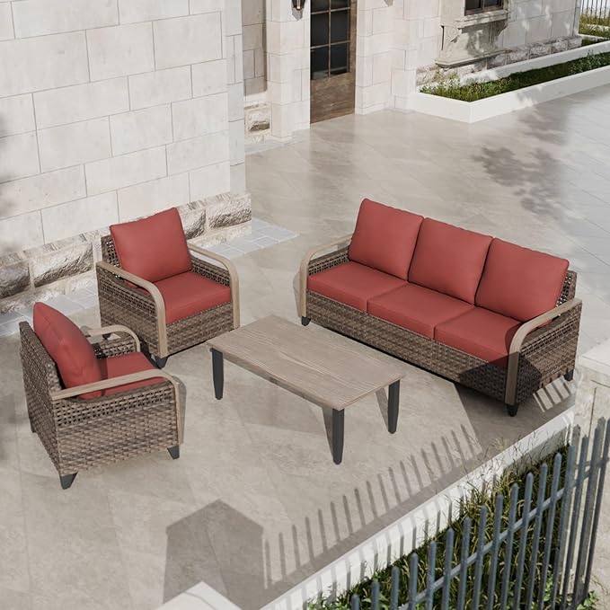 COOS BAY Modern Wicker Outdoor Furniture Set, 4 Piece Patio Conversation Set with 2 Patio Chairs, a 3 Seat Couch and Side Table, 4 Piece, Brown/Red