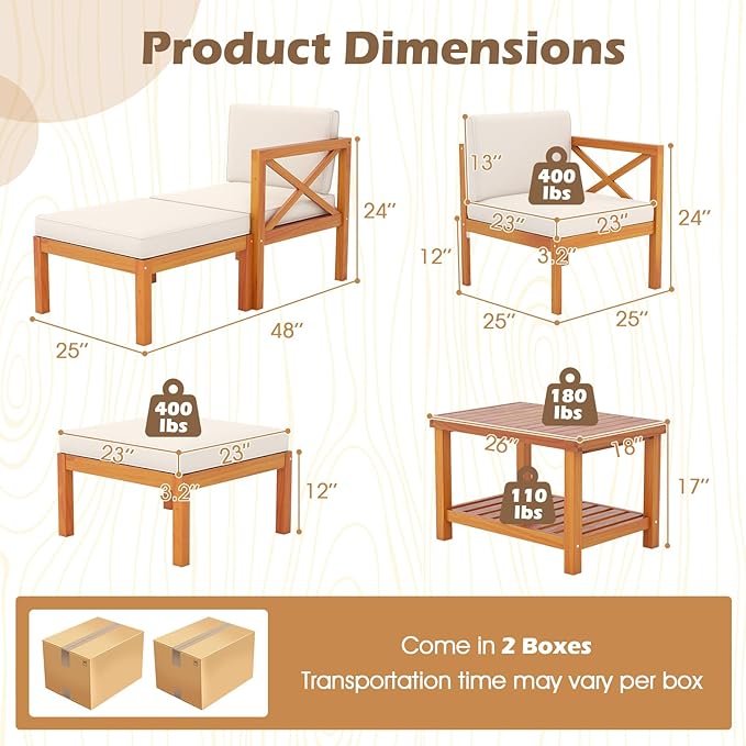 Tangkula 5 Pieces Acacia Wood Patio Chaise Lounge Chair Set with Ottomans and Cushions, Outdoor Patio Chairs Set with 2-Tier Coffee Table, Outdoor Conversation Set for Garden, Backyard and Poolside