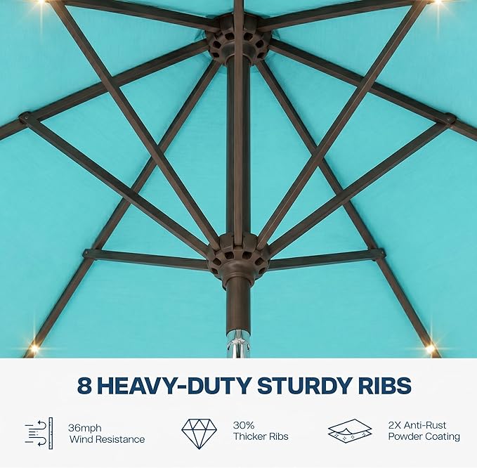 10FT Solar Patio Umbrella with Lights, Outdoor Table Market Umbrella with 32 LED Lights, 8 Sturdy Ribs, Push Button Tilt and Crank for Pool, Deck and Garden, UV-Resistant