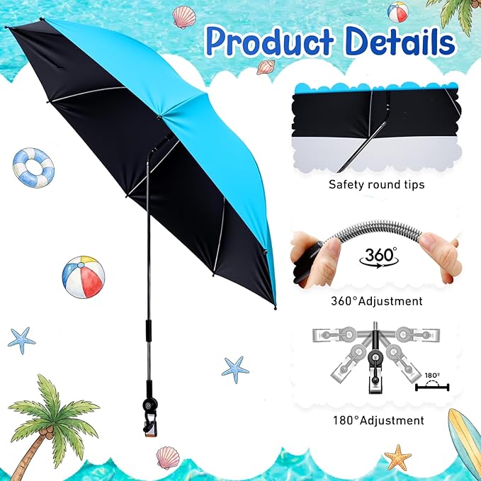 Sadnyy 6 Pcs Beach Chair Umbrella with Universal Clamp, 360 ° Adjustable Clip on Umbrellas 42" UPF 50+ Portable Sun Shade for Beach Chair Patio Camping Wheelchair Stroller Golf Cart