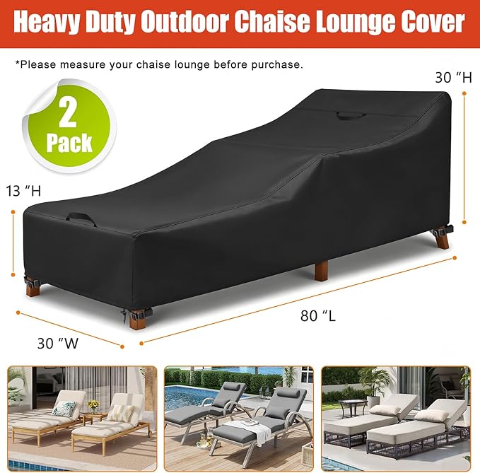 LBTING Outdoor Chaise Lounge Covers 2-Pack, Patio Pool Lounge Chair Covers 80L x 30W x 30H Inches, 420D Oxford Waterproof Windproof Dust-Proof UV-Resistant Furniture Cover - Black
