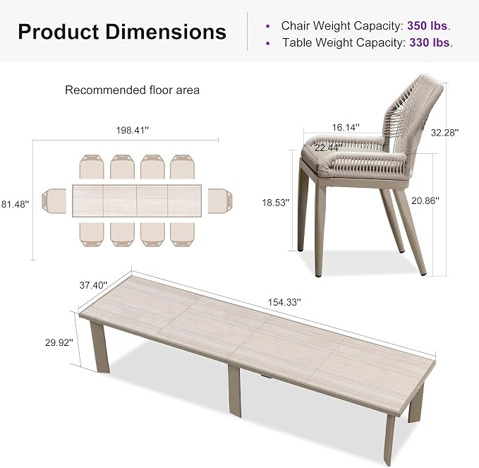 PURPLE LEAF 11 Pieces Patio Dining Set Aluminum Oversize Rectangular Table and Wicker Chairs with Cushions for Kitchen Porch Garden Modern Outdoor Furniture Sets, Champagne