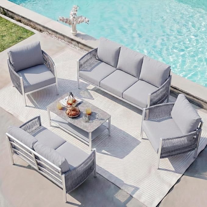 Aluminum Patio Furniture Set, 7 Seats Modern Outdoor Sectional Furniture with PE Rope & Dual-Layer Coffee Table, Luxury Patio Conversation Sets with 6" Cushions for Backyard/Garden, Silver