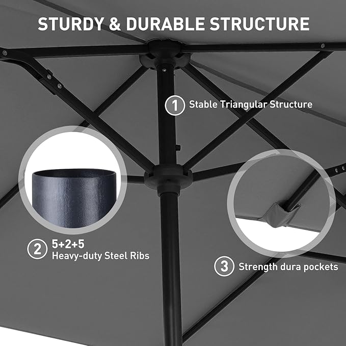 13 ft Patio Umbrella, Large Rectangle Outdoor Umbrella with Strap, Crank, Grey