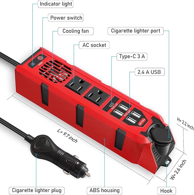 BYGD 200W Car Power Inverter DC 12V to 110V AC Car Plug Adapter Outlet Converter with 1 Type-C Port 2 AC Outlets 4 USB Quick Charging Ports Cigarette Lighter Socket.