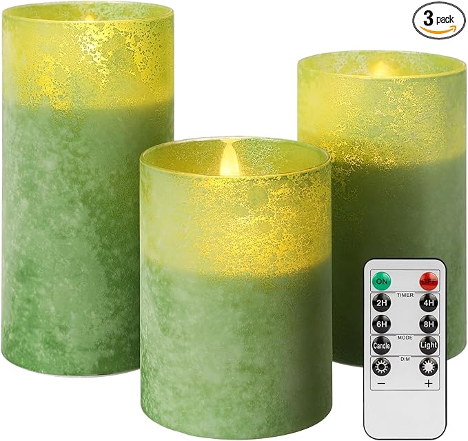 Green Battery Operated Candles with Remote and Timer, Real Wax Flickering Flameless Candles, Glass LED Pillar Candles for Party Wedding Halloween Christmas Decoration