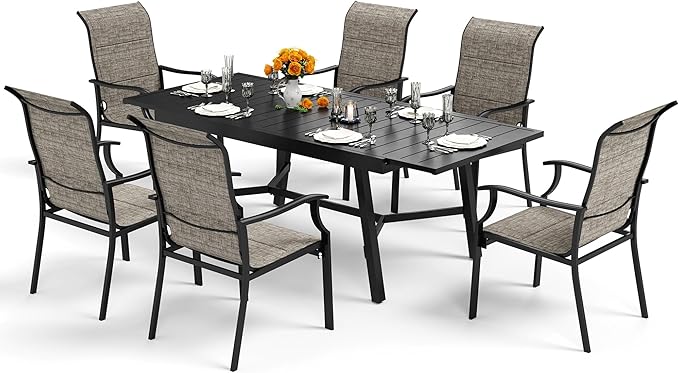 SUNSHINE VALLEY 7 Piece Outdoor Dining Set for 6, 61.4"x37.4"x29.5" Rectangular Extendable Dining Table and 6 Textilene Patio Dining Chairs Outdoor Table and Chairs for Patio Lawn Garden Deck Backyard