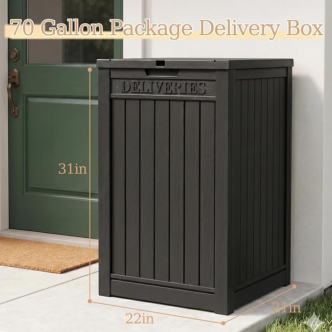 Outdoor Storage Box, 70 Gallon Package Delivery Boxes for Outside, with Lockable Secure, Deck Box Outdoor Waterproof for Entryway, Front Porch, Backyard, Garden, Patio, Lawn, Black