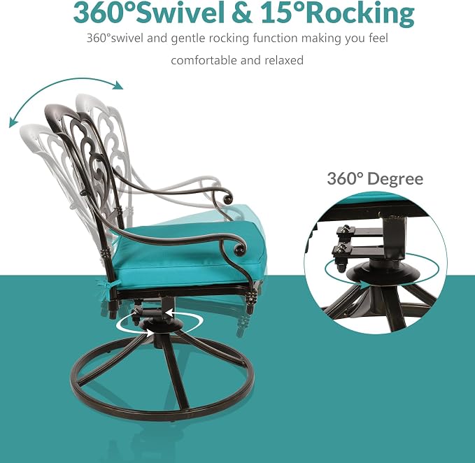 MEETWARM 5-Piece Outdoor Patio Dining Set, All-Weather Cast Aluminum Patio Conversation Set for Backyard Garden Deck with 4 Cushions Swivel Rocker Chairs and 35.4" Square Table, Ocean Blue