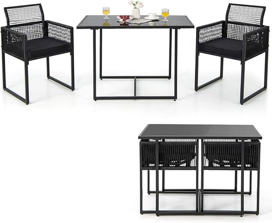 Tangkula 3 Pieces Outdoor Dining Set, PE Rattan Patio Furniture Set with Folding Backrest, Cozy Seat Cushions, Tempered Glass Tabletop, Space-Saving Bistro Table and Chairs Set of 2 for Backyard Pool
