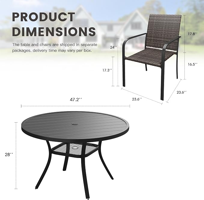 Outdoor Dining Set for 6, 47.2" Metal Round Outdoor Dining Table with Umbrella Hole and Wicker Stackable Patio Chairs, 7 Pieces Patio Table and Chairs Set for Garden Backyard, Black