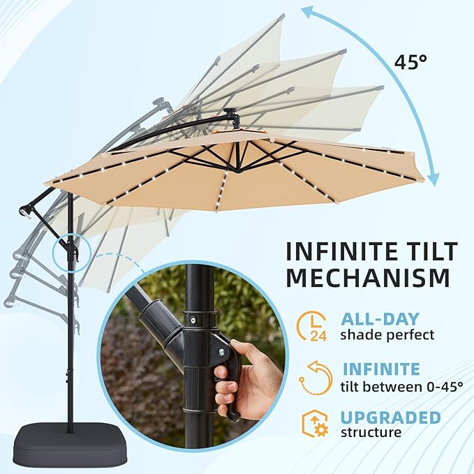 EROMMY 10FT 40-LED Solar Lighted Patio Umbrella with Base Included, Outdoor Offset Cantilever Umbrella, Infinite Tilt, Crank and Cross Base, UV Protection for Backyard, Lawn, Garden & Pool