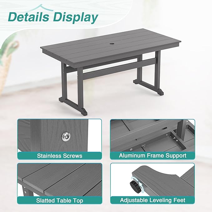 Rectangle Outdoor Dining Tables for 6, HDPS Weather Resistant Patio Dining Table, 66" Outdoor Tables with 1.96" Umbrella Hole for Porch, Balcony, Backyard, Grey