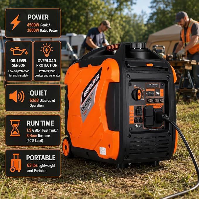 Genkins Portable Inverter Generator 4500W Gas Powered Pure Sine Wave Lightweight Quiet Parallel Capability for Camping RV Home Backup