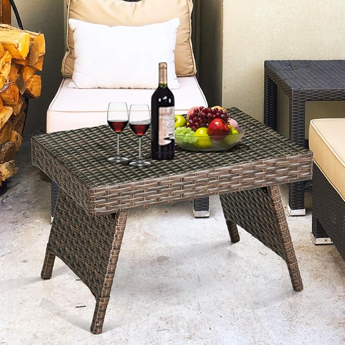 Tangkula Outdoor Folding Wicker Table, Heavy Duty Rattan Foldable Standing Coffee Side Table, for Patio Poolside Lawn Garden Balcony