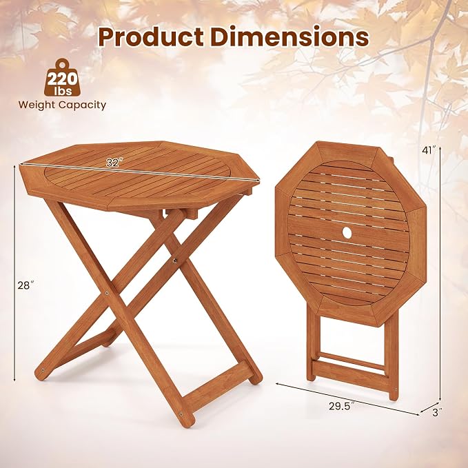 HAPPYGRILL Outdoor Patio Wood Dining Table for 4, Octagon Folding Bistro Table with 2" Umbrella Hole for Garden, Porch and Backyard, No Assembly Required (2)