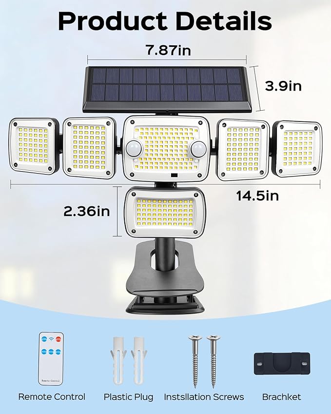 Solar Flood Lights Outdoor,6000LM 336 LEDs Dual Clip on Motion Sensor Lights with 360° Wide Angle &3 Modes, IP65 Waterproof Security Lights for Yard Patio Garage Garden,1Pack