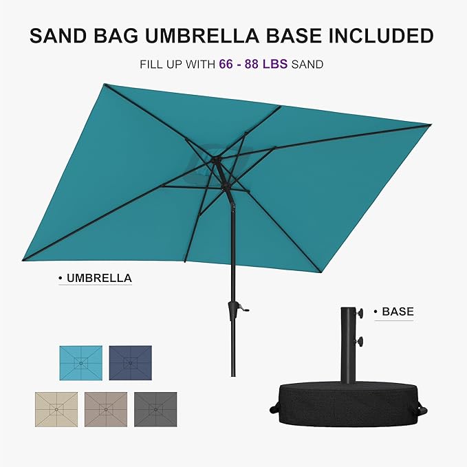 PURPLE LEAF 6.5' x 10' Rectangular Patio Umbrella Outdoor Table Umbrella Aluminum Frame Market Umbrella Sun Umbrella for Garden Deck Lawn Pool Turquoise Blue