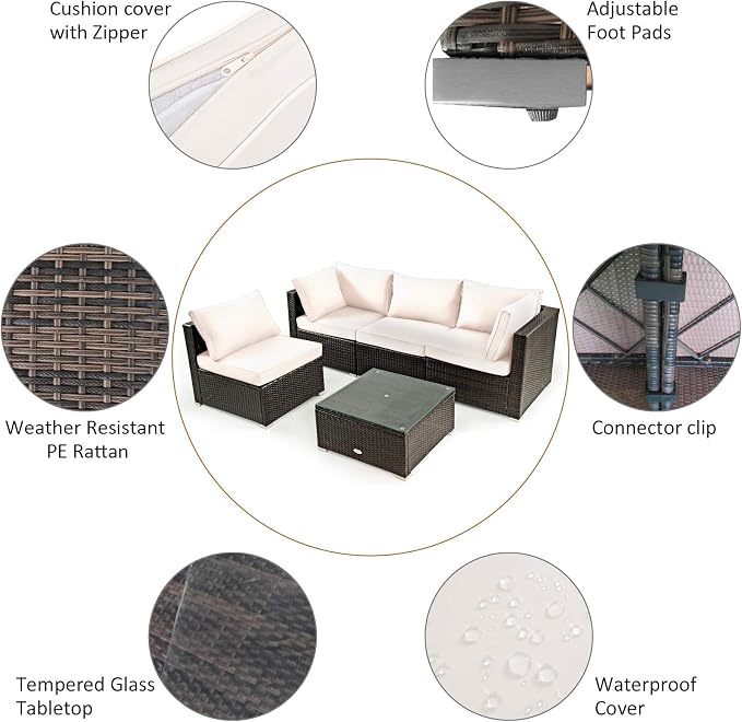 Tangkula 5 Pieces Patio Furniture Set, All Weather Wicker L-Shaped Corner Sofa Set w/Soft Cushions, Outdoor Sectional Conversation Couch Set w/Glass Table for Backyard Garden Poolside (White)