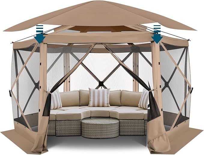 COBIZI 12x12 FT Pop Up Canopy Stargazing Tent, Gazebos On Clearance with Removable Roof, Screened in Gazebo, Screen Tents Portable carpas para Patio for Outdoor Camping,Backyard, Garden, Khaki(Pro)