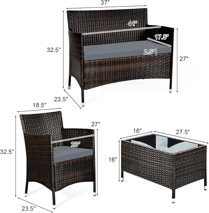 COSTWAY 4PCS Rattan Patio Furniture Set | Outdoor Wicker Rattan Chairs with Coffee Table, Rattan Cushioned Conversation Set for Backyard Balcony Porch Poolside, Grey