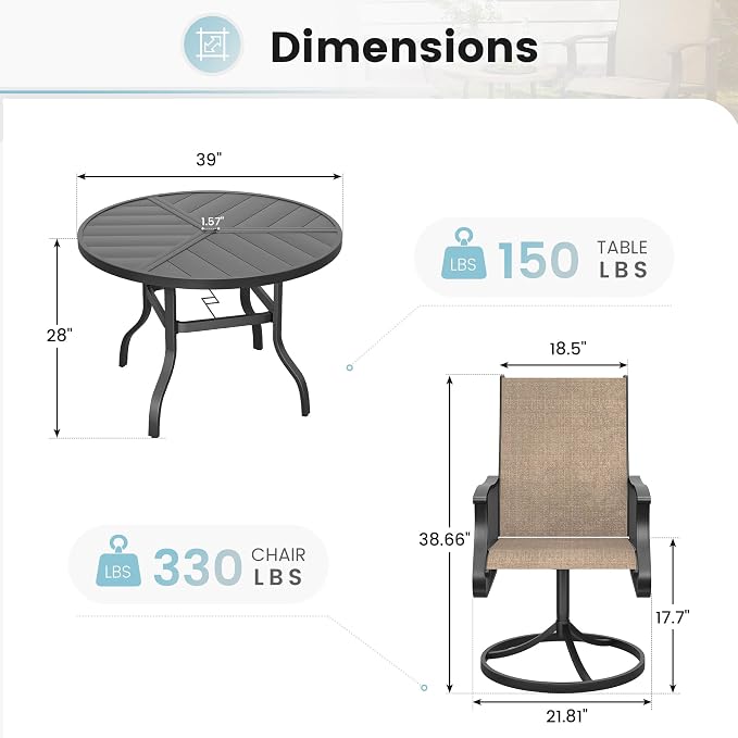 5 Pieces Patio Dining Set, Patio Outdoor Furniture Set of 4 Patio Swivel Dining Chairs and 39" Patio Spliced Round Tabletop with Umbrella Hole, for Deck, Backyard, Poolside & Garden