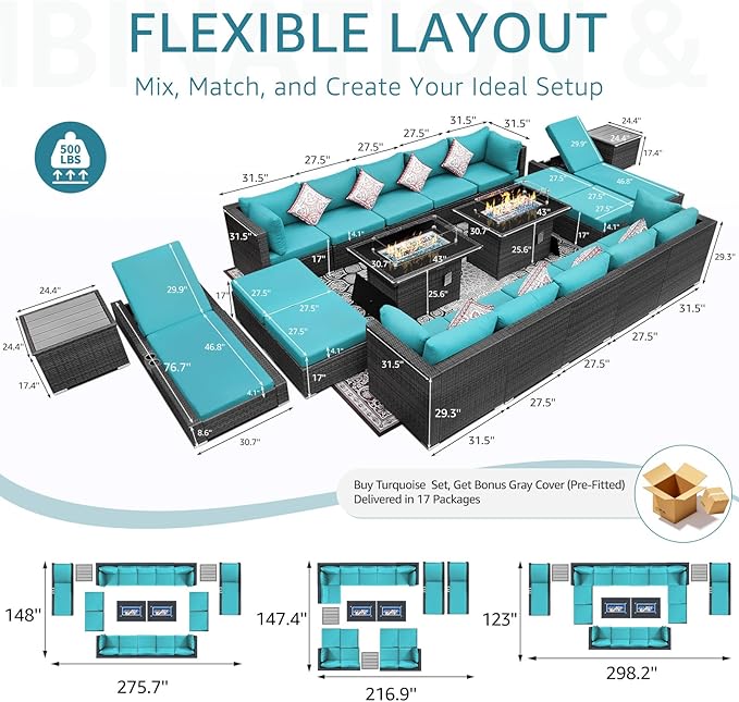 NICESOUL 20 Piece Extra Large Patio Furniture Set w/Fire Pit Table & Chaise Lounge, Modern Luxury Outdoor Group Seating w/Firepit, Comfortable 29.3" High-Back Sectional Couch Deep Seat, Gray & Teal