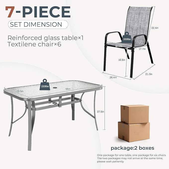 TLSUNNY Patio Dining Set for 6, Outdoor Table and Chairs W/1.69″ Umbrella Hole, 30"X 55" Table and Stackable Textilene Chair, All Weather Patio Furniture Set (Grey Table & Grey Chair)