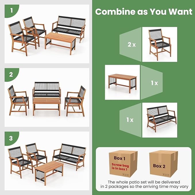 HAPPYGRILL 4 Pieces Patio Furniture Set Acacia Wood Conversation Set with Hand-Woven Rope Design, Ergonomic Loveseat & Single Chairs, Wooden Chair & Table Set for Porch Yard Poolside