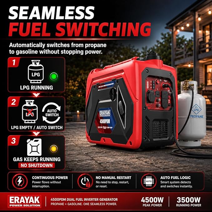 ERAYAK 4500W Dual-Fuel Portable Inverter Generator for Home Use, Camping Outdoor, 30A RV Ready, Auto Switch, Gas and Propane Powered, EPA, CO Sensor, Parallel Ready, Campact Design