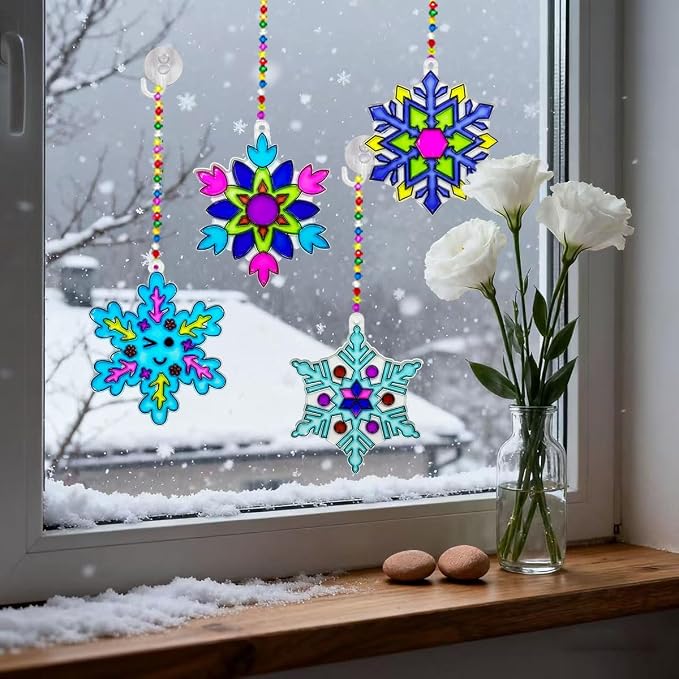 AUEKIV Snowflake Suncatcher Kit 32Sets Winter Snowflake Suncatchers Window Art Paint Sun Catchers DIY Craft Kit for Xmas Decoration Classroom Home Winter Christmas Holiday Art Project Party Favors