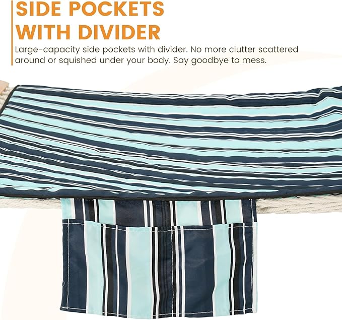 Lazy Daze Hammocks 2 Person Hammock Pad and Pillow Set, Double Polyester Quilted 78" x55" Replacement Pad for Rope Hammock, Navy Blue Stripes