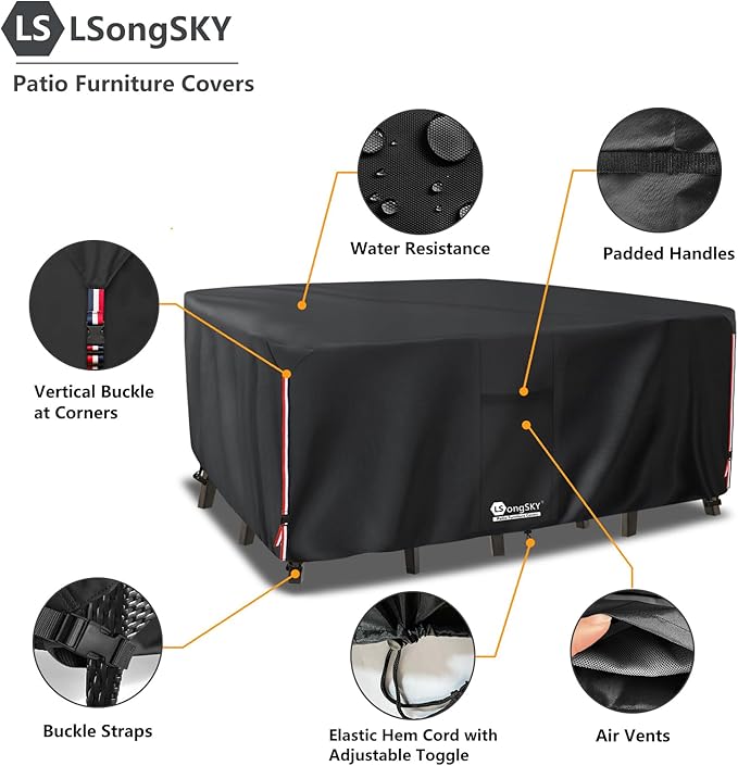 Outdoor Furniture Covers Waterproof,600D Heavy Duty Patio Furnitures Covers for 6/7/8 PCS Sets Sectional Sofa Couch Rocking Swivel Chairs Ottomans Coffee Table,126L x 74W x 28H inch Black