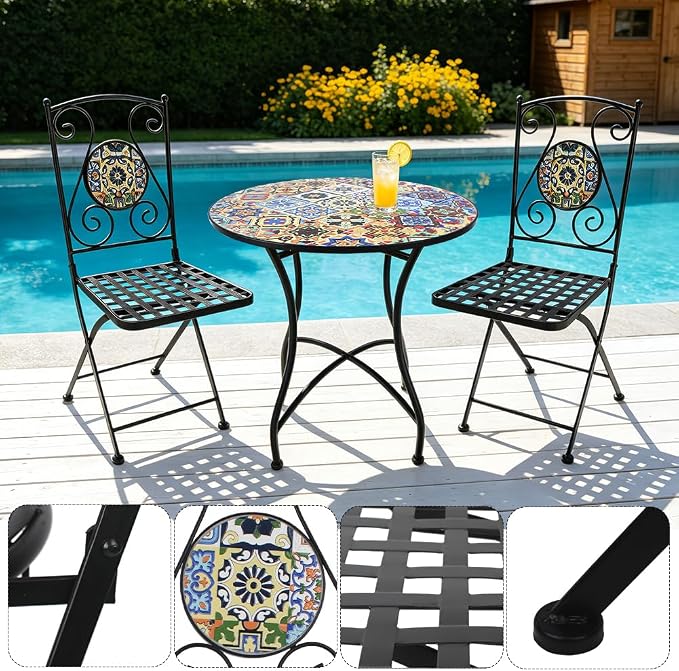 3 Piece Bistro Sets Mosaic Tile Round Table Folding Chairs Garden | Set of 3 Patio Furniture 23.6" Table and 2 Chairs Outdoor Bistro Chairs Artistic Table for Balcony Porch Apartment Backyard
