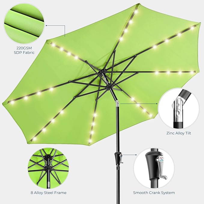 HOMSHADE 9ft Solar Patio Umbrella - Solar Lights LED Lighted Outdoor Market Table Umbrella, UPF50+ UV Protection with Push Button Tilt, Crank for Pool Deck and Garden (Apple Green)