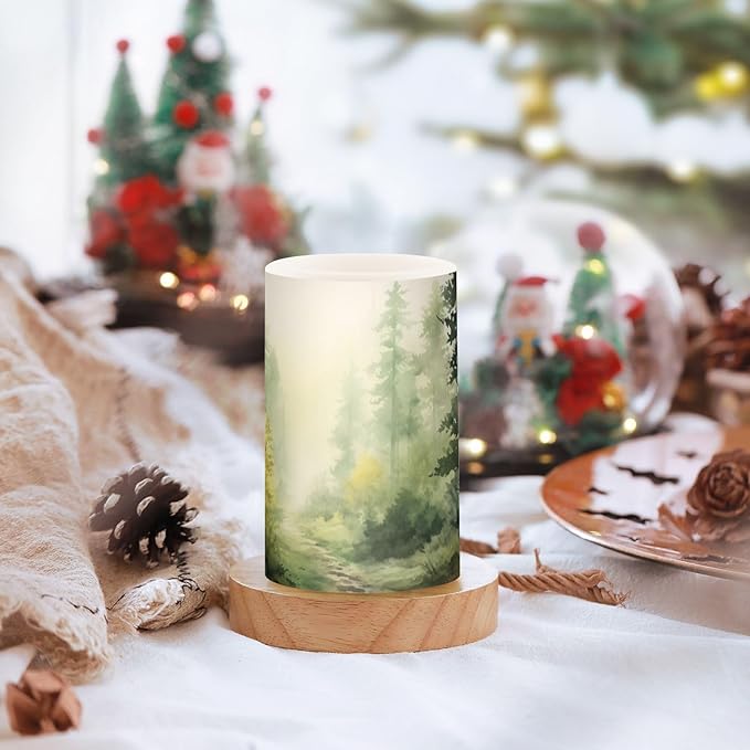 Watercolor Forest Pattern Flameless Candles Color Changing LED Candles with Remote Control Battery Candles for Outdoor and Indoor Home and Room Decoration, 3'' x 4''/5'' Set of 2 Pieces