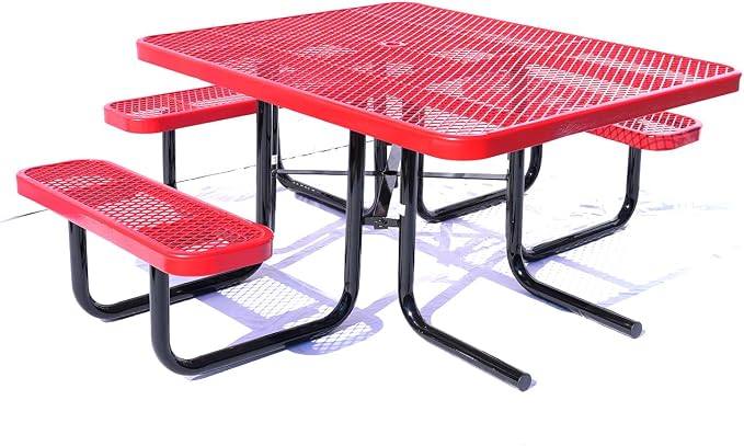ADA Outdoor Picnic Table, Expanded Metal, Wheelchair Accessible, Red, 46 Inch Square